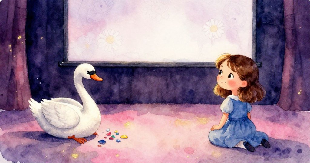 費伊遠去舞台背景昏暗,留下一隻皮製天鵝旁散落彩膠碎片與淡淡雛菊輪廓,充滿神秘與低迴情感