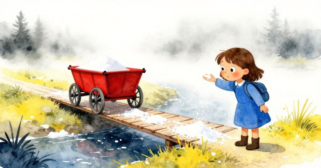 Zara站在小橋上,輕觸鹽塵,背景為霧蒙蒙的鹽田與遠海,神情好奇展現開篇故事情節