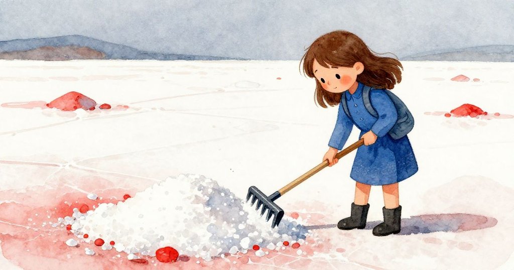 Zara使用耙子整理新生鹽霜,手部細節清晰,背景為寬廣靜謐鹽原,呈現故事發展序幕情境