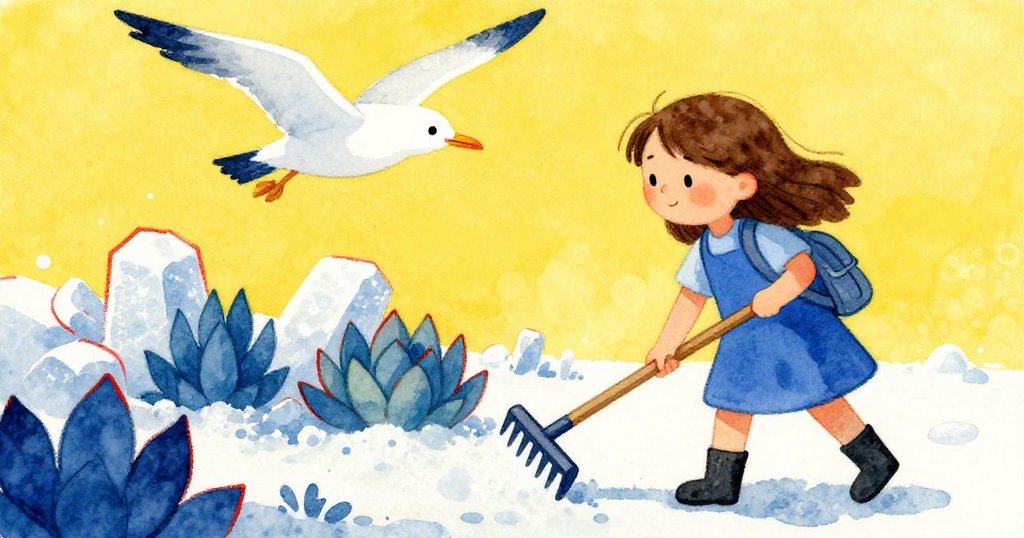 從小生物視角看見Zara整理鹽霜,頭頂掠過一隻海鷗,周圍點綴著海岸多肉植物及細緻鹽晶,情節逐步推進