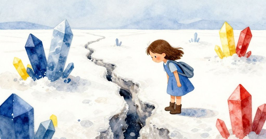 Zara注視著狹縫中滲出的鹽水,臉上呈現驚疑表情,背景出現超現實幾何鹽晶,推動情節至高潮