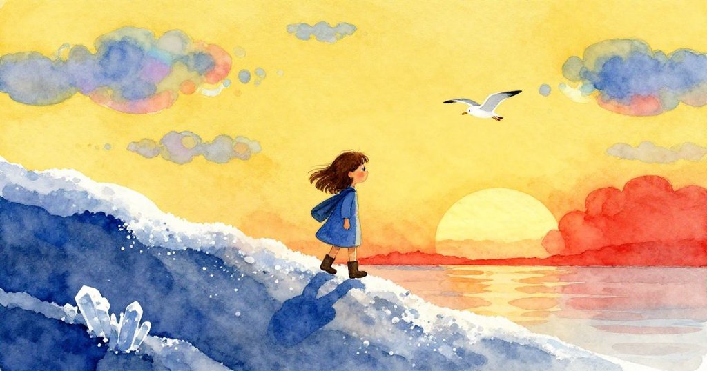 Zara在夕陽餘暉中離開鹽丘,背後散落著閃爍鹽晶,天空呈現萬花筒雲彩與金色柔光,情節迎向結局