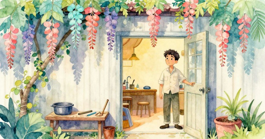 Ivan站在開著門的工作室前,黃昏的柔光灑落在混凝土地面上,紫藤輕輕搖曳,他神情期待且專注於自然而溫馨的環境。