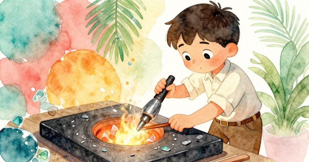 Ivan專注地握著吹管,正輕柔地在黑鋼石板上操作,溫暖火光與閃爍玻璃碎片映出他專注與決心的表情。