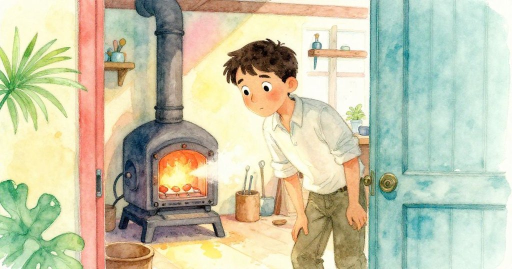 Ivan透過微開的門,凝視著工作室內的工具及火爐的低語,神情中流露出驚異與細膩感覺,環境充滿細節與溫柔。