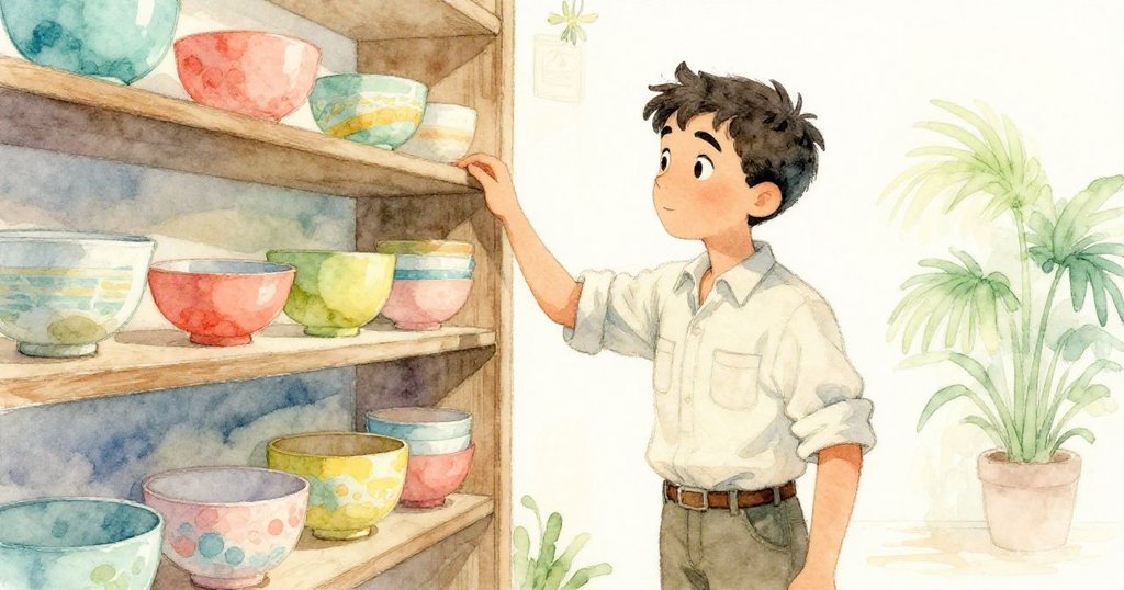 Ivan凝視著陳列在高架上因時間彎曲的碗具,眼中流露出懷舊與一絲困惑,背景中溫暖光線和柔和記憶交織。