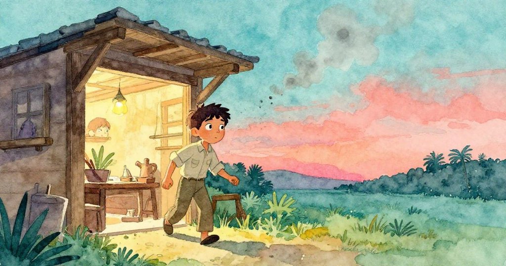 Ivan走出工作室,置身於廣闊且寧靜的黃昏中,灰燼悠然上升,他渺小的身影與寧靜氛圍形成溫馨結局。