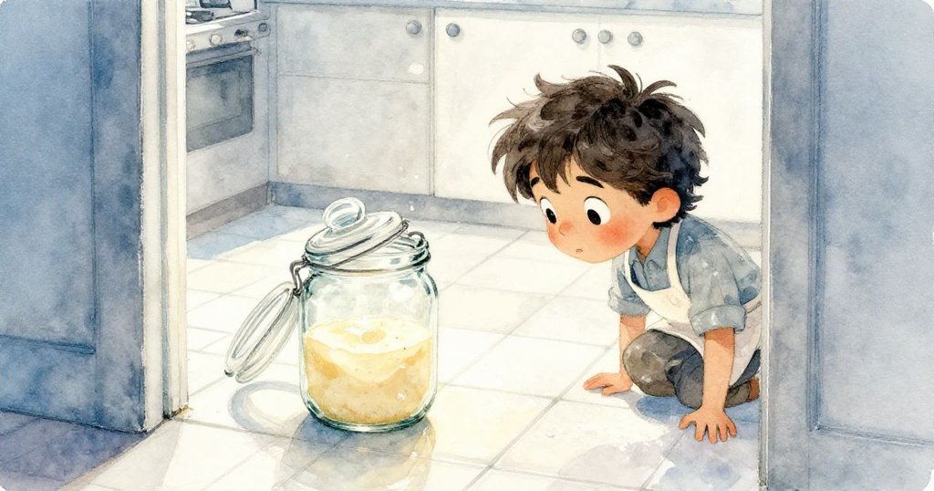 Reed站在廚房門口，凝視著內部冒泡麵糊的玻璃瓶，傾斜構圖增加神秘感，背景呈冰藍與雪白調，神情專注。