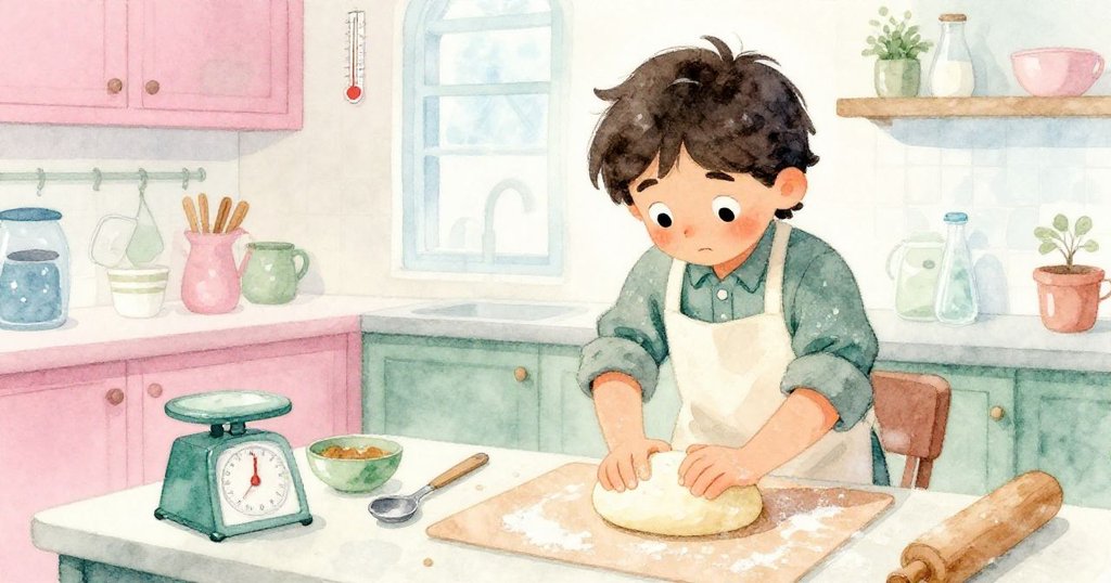 Reed在層次豐富的廚房桌面上揉麵糰，桌上散落著勺子、磅秤與溫度計，背景飄散著淡粉與冰藍調，動作專注。