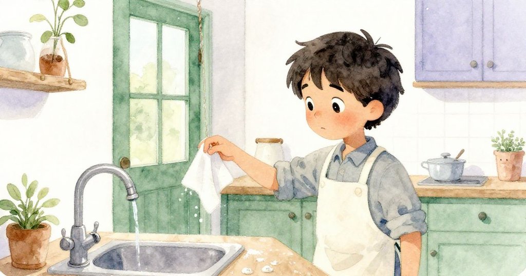 Reed站在廚房轉角，背後門緩緩關閉，前景水滴滴在布上，情緒靜謐，色調以雪白與柔和綠紫為主。