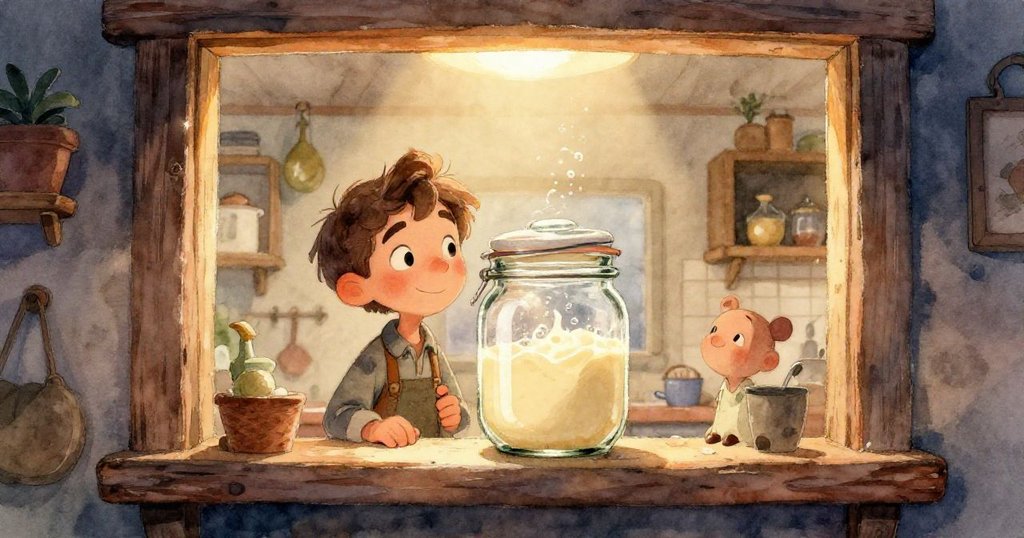 Reed專注揉麵，手部與麵糰細膩互動，臉上流露出專注與釋然，背景呈冰藍與柔粉灰調，溫馨動人。