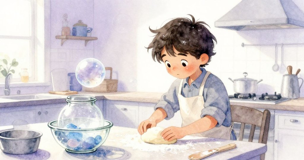 Reed退後靜看麵糰上泡泡破裂，瓶子安然置於碗中，廚房充滿淡紫與冰藍調，表情滿足且沉思，氛圍神秘。