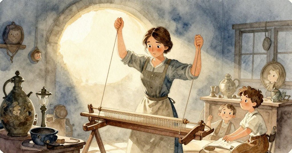 在夕光下，Greta在老式工作坊中揮動梭子，動作專注，環境中呈現出神秘與戲劇性的木質結構。