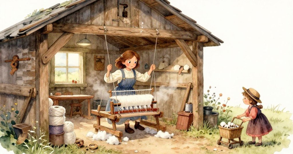 細膩的特寫畫面展示梭子運作、棉線交織及木梁上的微小缺口，Greta 溫柔調整卡片條，質感豐富。