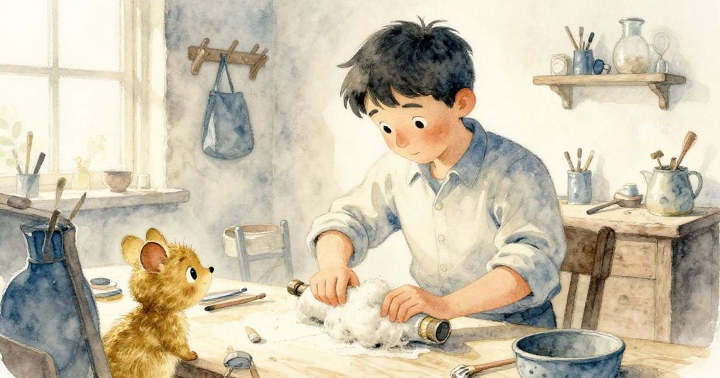 從微小生物視角看，Jasper捲起袖子清除工作檯上的羊毛，一旁的小老鼠悄然觀望，場景充滿溫馨氣息。