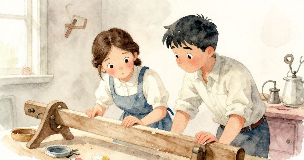 在工作坊隱密角落，Greta與Jasper一起蹲下檢查木梁與工具，臉上露出專注且共同探究的小心神情。