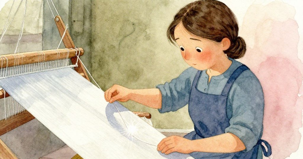 Greta停止梭子動作，專注凝視布上細緻閃光線與斜影，神情中流露疑惑與果斷，場景細節豐富。