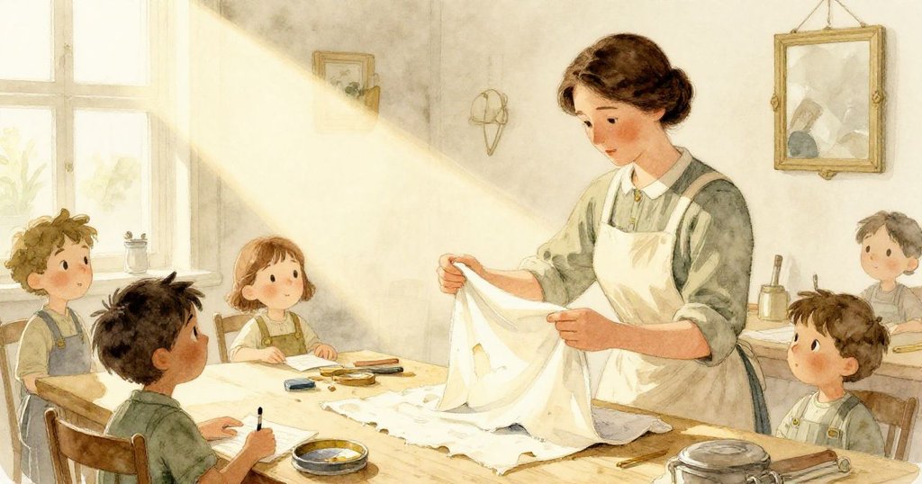 在柔和光束照耀下，Greta折疊成品布料，銀色斜影閃爍，神情既平靜又沉思，象徵完成轉變後的告別。