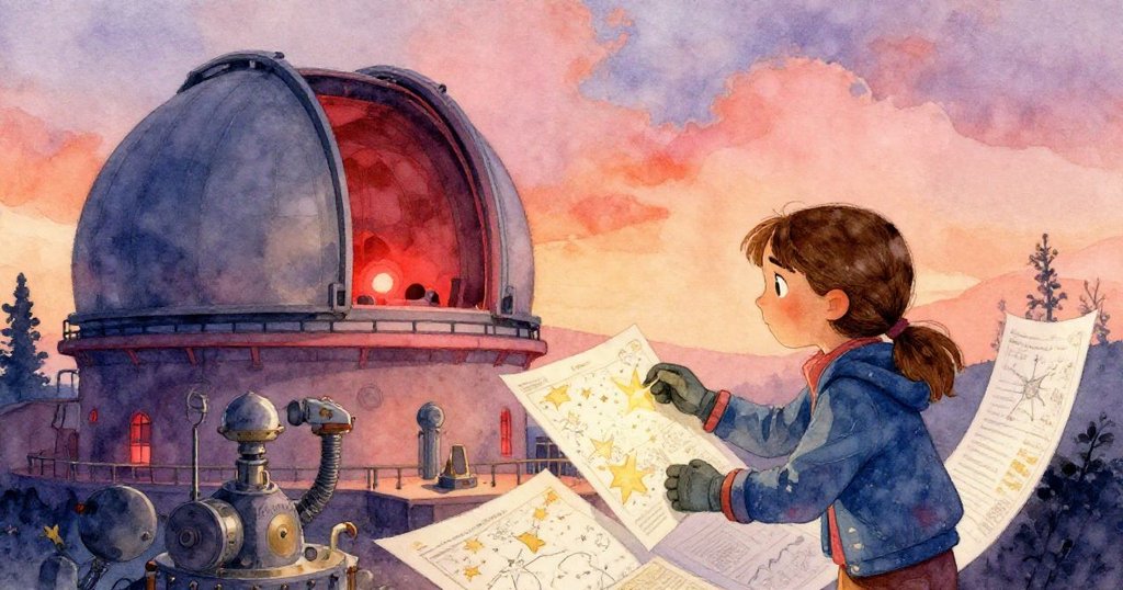 格蕾塔站在紅燈映照的觀象台內，環顧散落的星圖與設備，神情專注且略帶疑惑，展開探索旅程