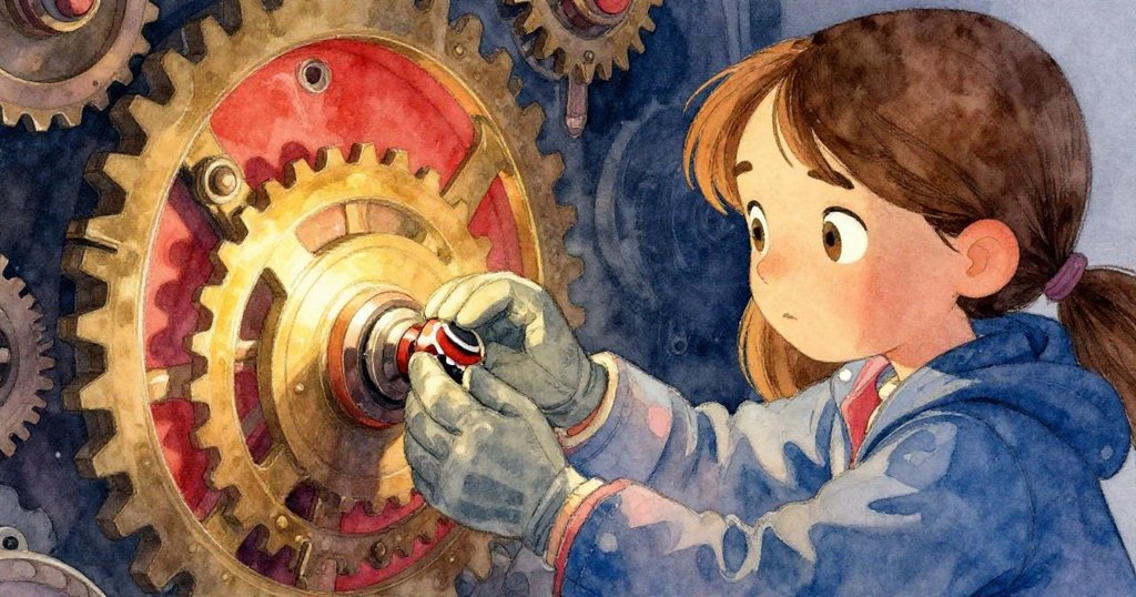 格蕾塔俯身檢查齒輪箱，手持手套在調整旋鈕，紅光映照下精細金屬齒輪展現專注神情