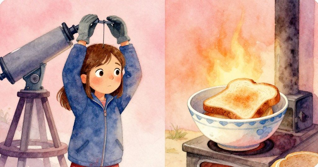 格蕾塔專注調整儀器配重，旁邊爐火邊陶瓷碗內薄片麵包微微烤熱，兩景並列展現探險與溫馨