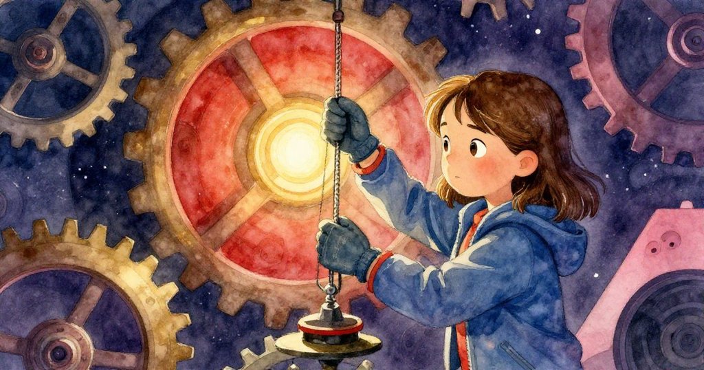 格蕾塔站在充滿重疊齒輪的不可能幾何空間中調整配重，神情既冷靜又專注，背景呈現超現實機械結構