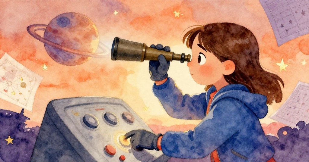 格蕾塔用手觸控操作臺，凝視望遠鏡中漸入畫面的行星，背景星圖散落，充滿發現與好奇的情緒