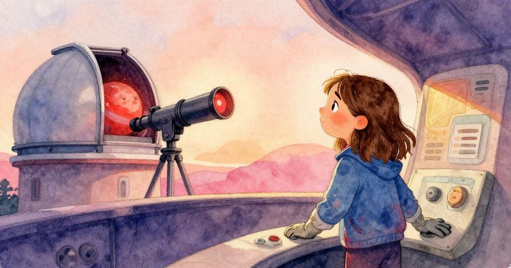 格蕾塔滿懷釋然地離開操作臺，望遠鏡中行星恢復穩定，散落星圖與溫暖紅燈營造出寧靜結局