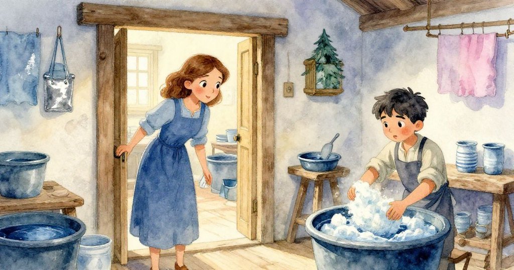 Maeve站在古舊工作坊門口注視著內部學徒操作染缸,環境古樸溫暖,她滿懷好奇與期待。