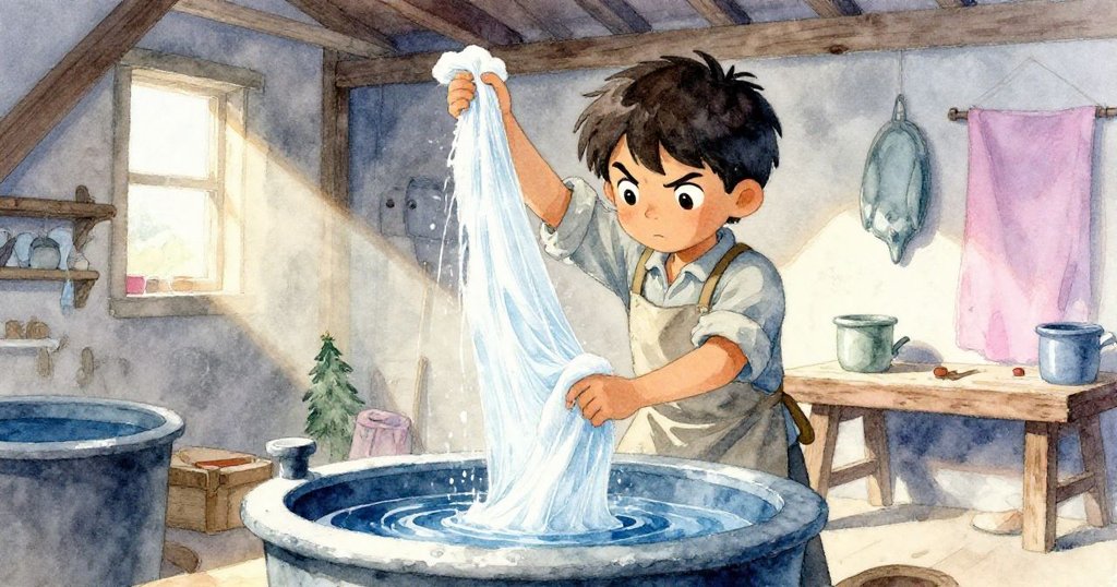 低角度呈現學徒在古舊工作坊中努力提起染色棉線,神情堅定,背景充滿復古木質結構與光影效果。