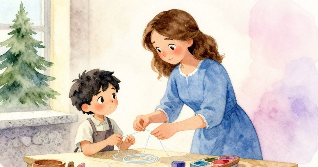 Maeve溫柔地協助學徒將變藍染線掛在花崗岩上,二人共享隱約喜悅,工作坊背景溫暖舒適。