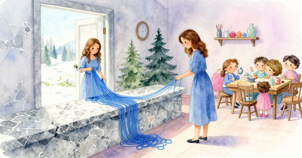 Maeve回到門口,將變藍染線精心掛於花崗岩上,工作坊內部安靜舒緩,畫面呼應故事開端並達成圓滿結局。