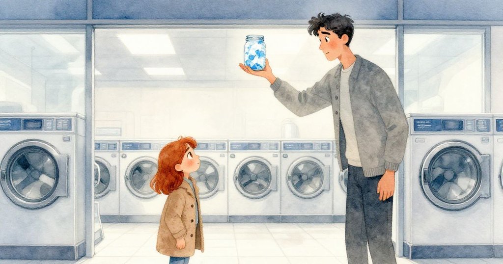 艾薇站在洗衣店門口注視著高個男子平衡罐子,神情好奇,背景有洗衣機和冰藍色調,充滿期待與柔光。