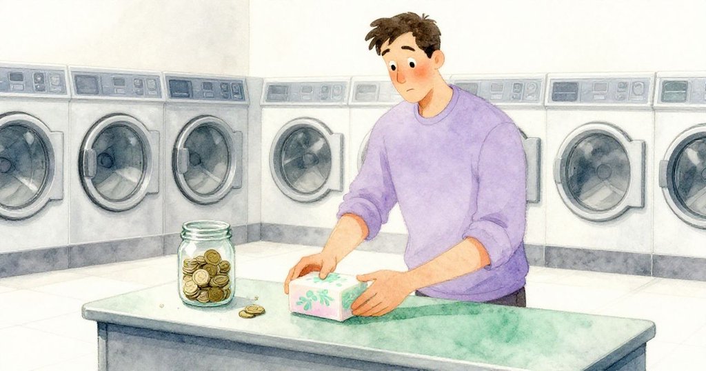 高個男子專注地在桌上擺放手工皂與搖曳的罐子,物件並排展示細緻質感,環境背景隱約顯示洗衣機。