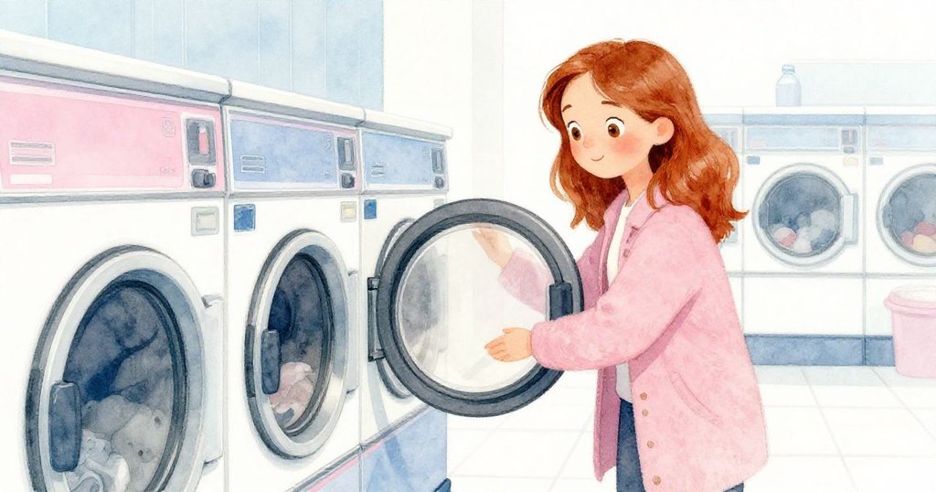 艾薇在充滿多層次洗衣機背景中走向乾衣機,眼神專注,手持硬幣準備投幣,環境呈現冰藍及柔粉色調。