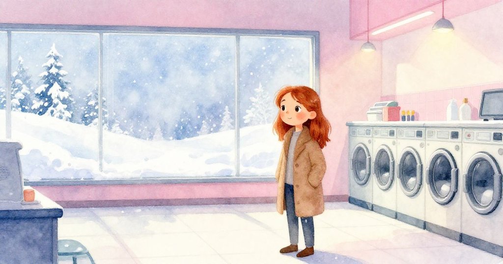 洗衣店內部展現冬季氣息,窗外似雪花輕飄,艾薇在乾衣機旁調整外套,溫暖光線與冰藍色調交織。