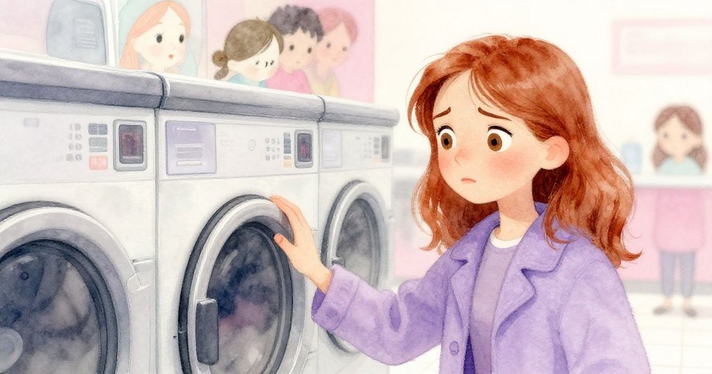 艾薇在乾衣機前停下動作,臉上流露猶豫與掙扎,手觸控板呈現內心複雜情感,光影柔和。