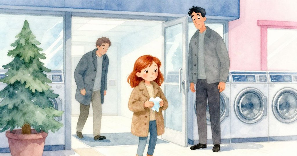 艾薇走出洗衣店,輕輕撥開衣服上溶化肥皂,臉上神情複雜,背後高個男子默 nod示意,氛圍含糊。