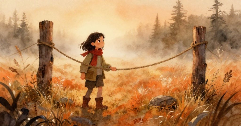 霧氣瀰漫的草地上,Kira在操作繩索,清晨溫柔光線中呈現神秘而專注的情緒。