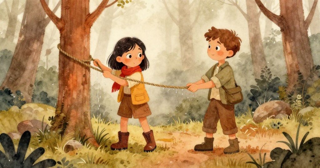 在迷霧中,Kira和Paul留意到老杉木與繩索低語,環境中充滿微妙期待與濃厚神秘感。