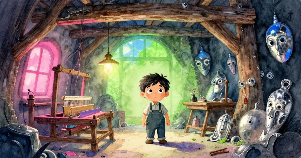 Grey走進老舊工坊,觀察斑駁梁柱與反光窗戶,呈現好奇與堅定的情緒,空間充滿陰影與光線變化。