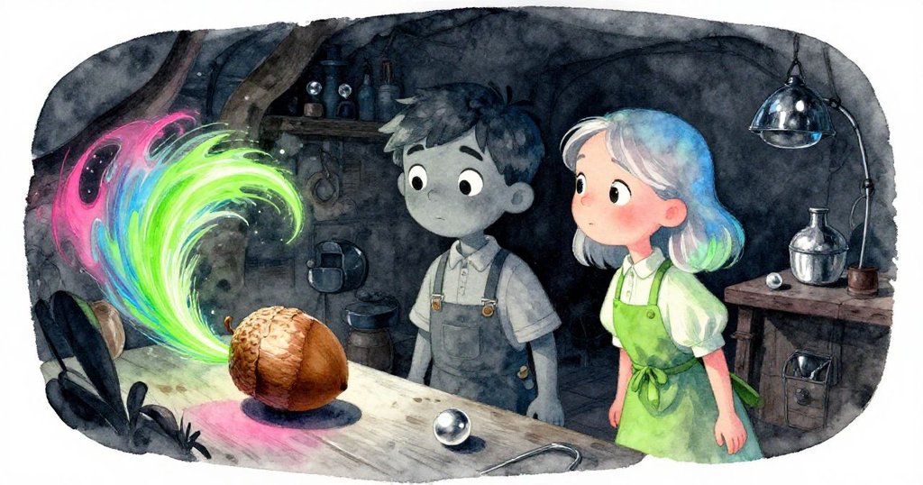 Grey與Pearl聚焦滾動橡實與陰影中消失的尾巴,變形視角強調神秘感與驚訝情緒。