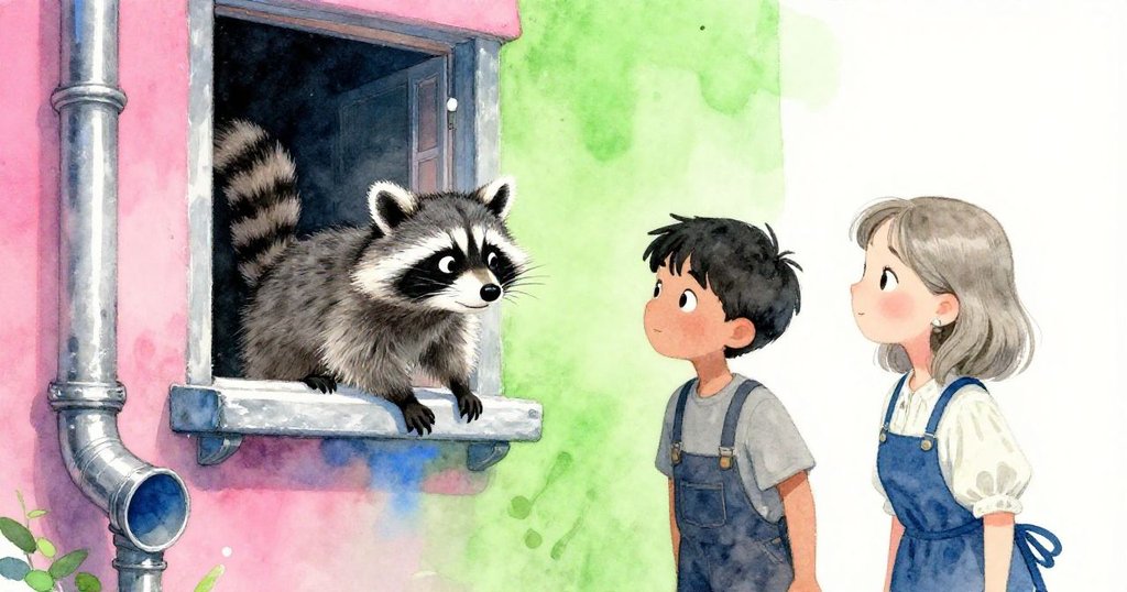 室外窗邊一隻活潑浣熊滑下水管,Grey與Pearl透過敞開窗戶凝視,陽光斑駁映照工坊內景。