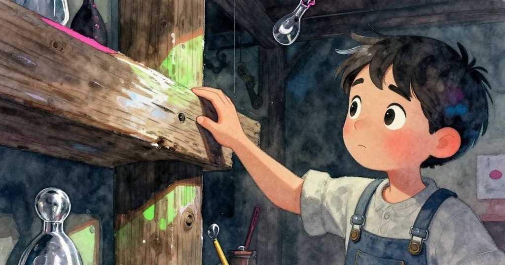 Grey輕觸舊木樑上的細小刮痕,手指溫柔遊走表達回憶與內心沉思,工坊充滿歷史痕跡。