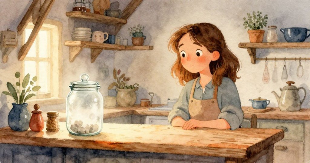 Nora在寧靜廚房中注視著薄霧中的玻璃罐，光線穿透窗戶，表情神秘且期待，古樸櫃臺增添故事感。