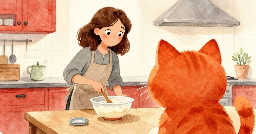 一隻橘色小貓從廚房門口好奇觀看Nora攪拌發酵劑，眼神流露驚奇與淘氣，廚房溫暖且充滿生活氣息。