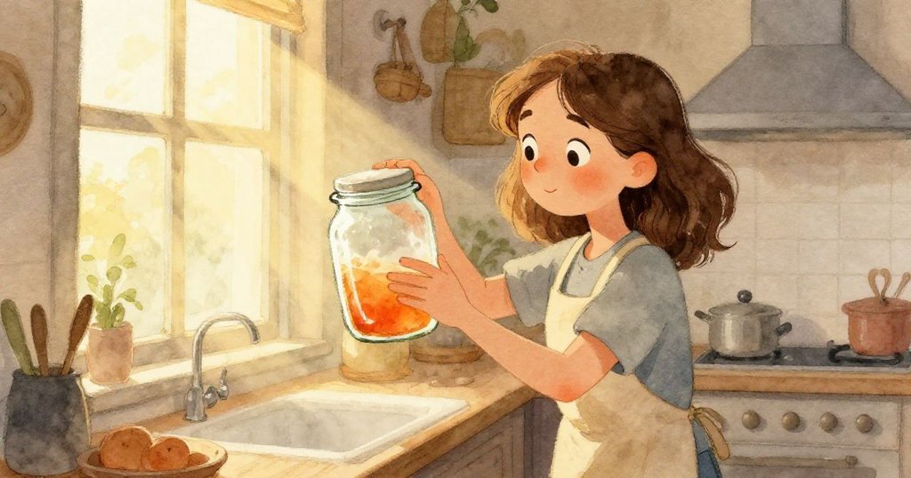 Nora將玻璃罐向窗邊傾斜，金色光束穿透窗戶映出微妙黃褐色，暖光映襯中流露出發現的驚喜。