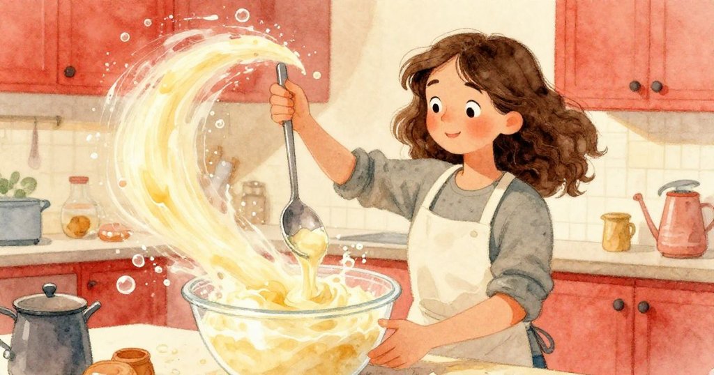 Nora用狹長湯匙激烈攪拌發酵劑，動態軌跡展現麵糰流動與氣泡破裂，廚房充滿活力與專注。