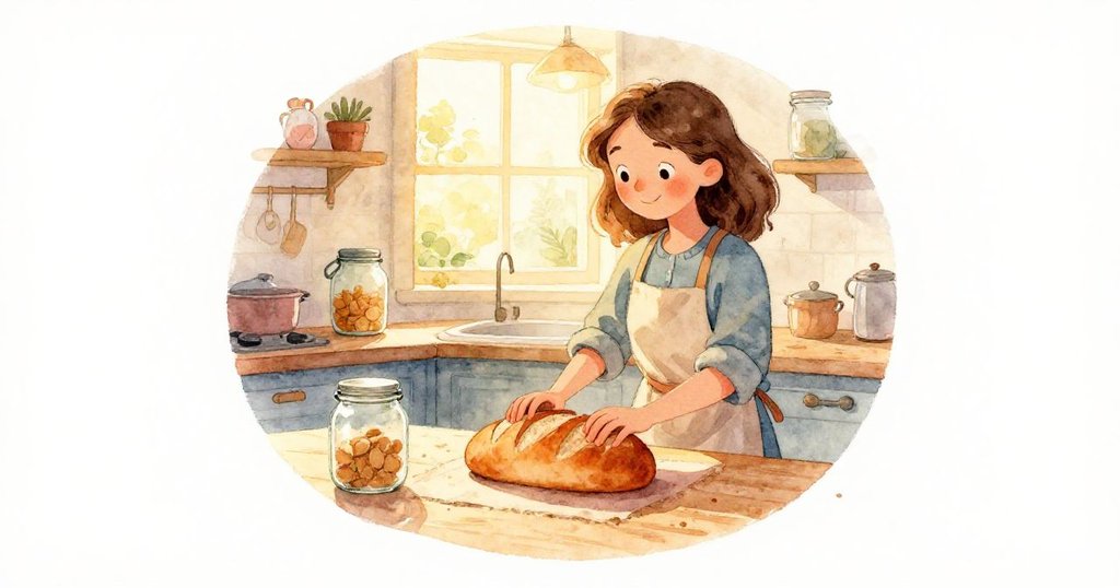 Nora輕敲剛出爐的圓形麵包，旁邊光亮的玻璃罐映襯著滿足笑容，廚房溫暖氛圍中故事圓滿結束。