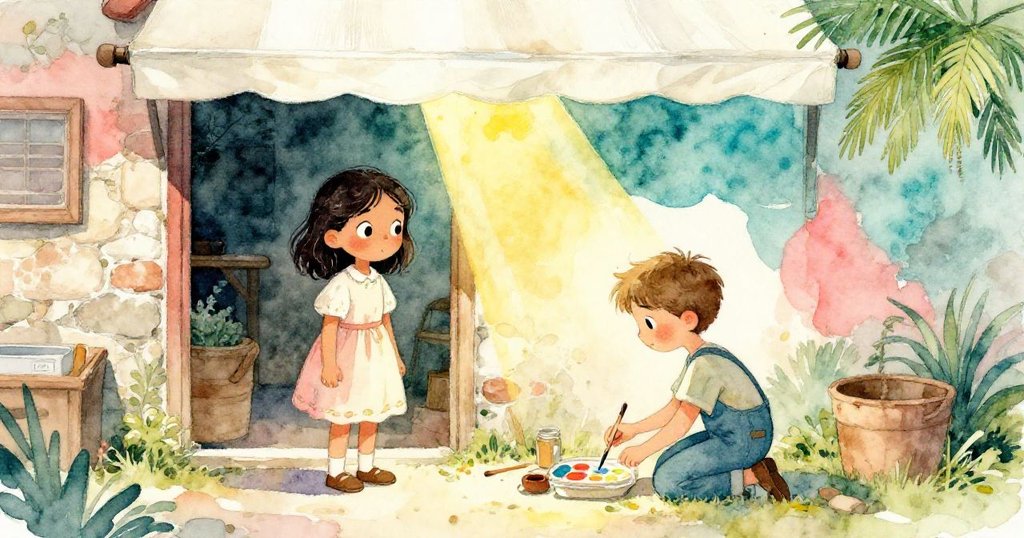 Olive好奇地看著跪著認真作業的Theo,畫面中有帆布遮蔽和斑駁石面,光影對比強烈,呈現開始探索的情境。